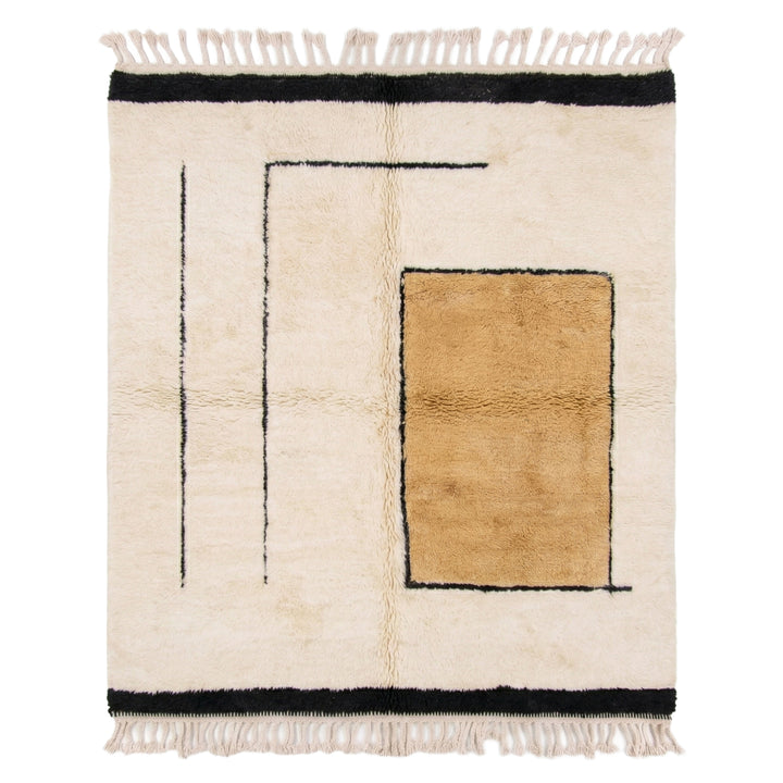 Authentic Custom Beni Ourain Rug | Minimalist Camel Color Block &amp; Black Lines