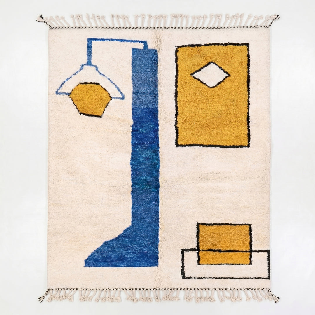 Custom Abstract Geometric Beni Ourain Rug – Modern Blue &amp; Mustard