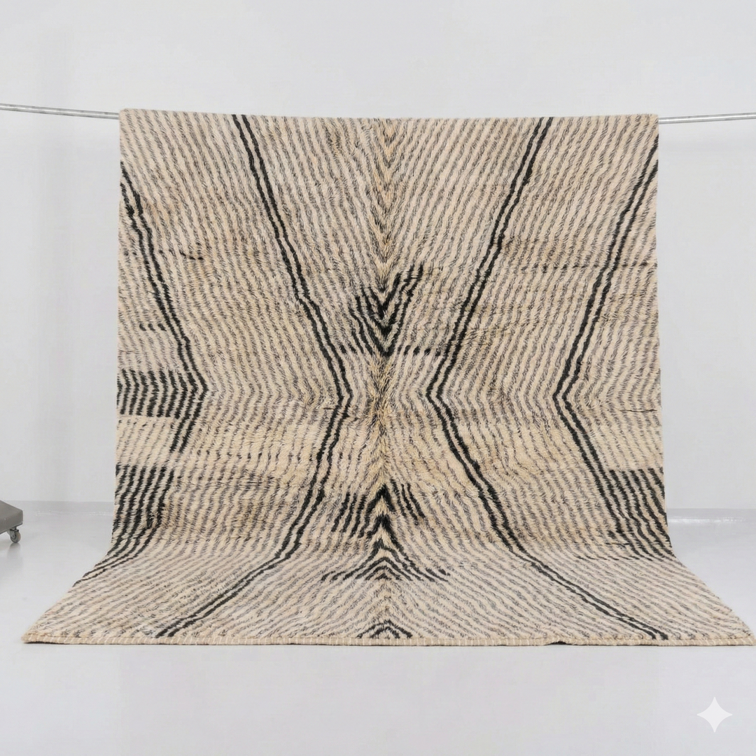 Custom Beni Mrirt Rug – Organic Radiating Lines in Cream &amp; Charcoal