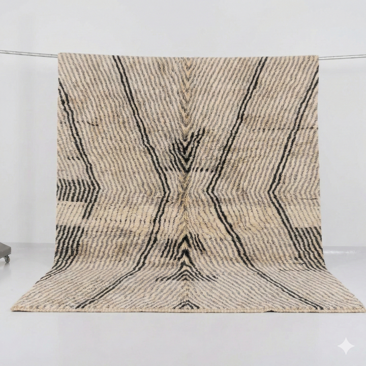 Custom Beni Mrirt Rug – Organic Radiating Lines in Cream &amp; Charcoal