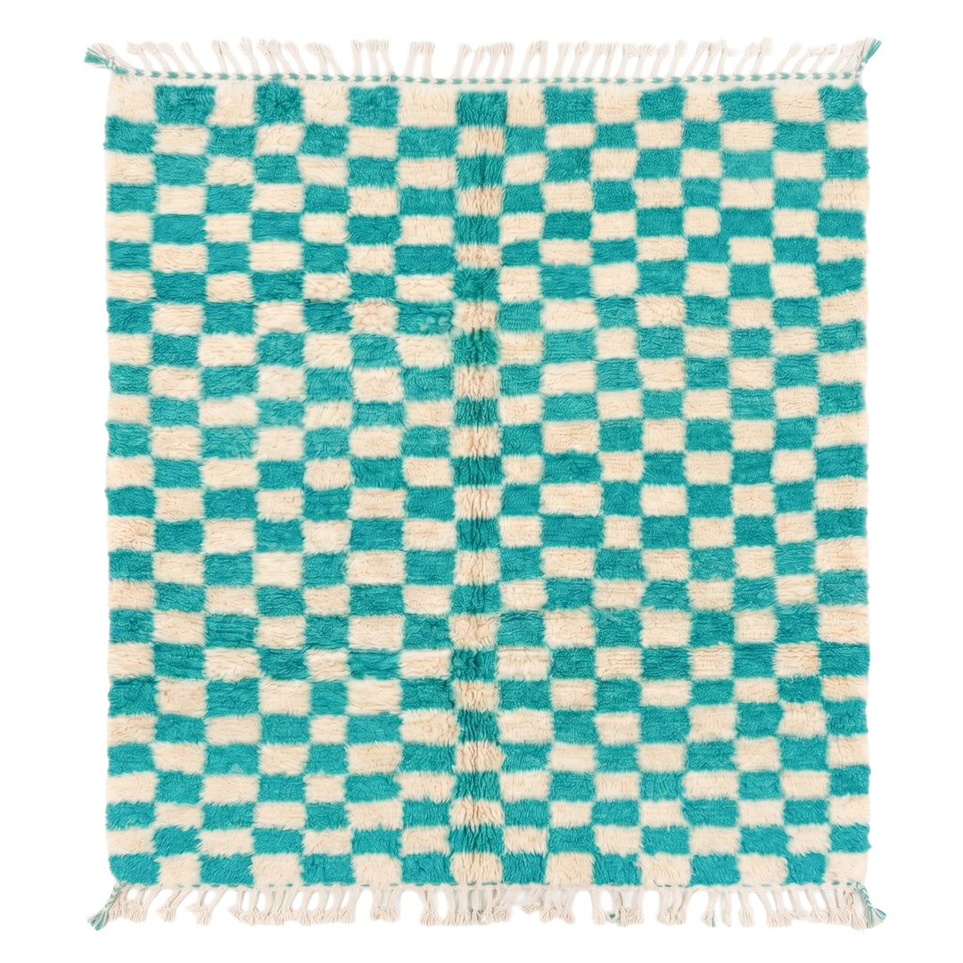 Authentic Custom Beni Ourain Rug | Turquoise &amp; Ivory Checkerboard Pattern