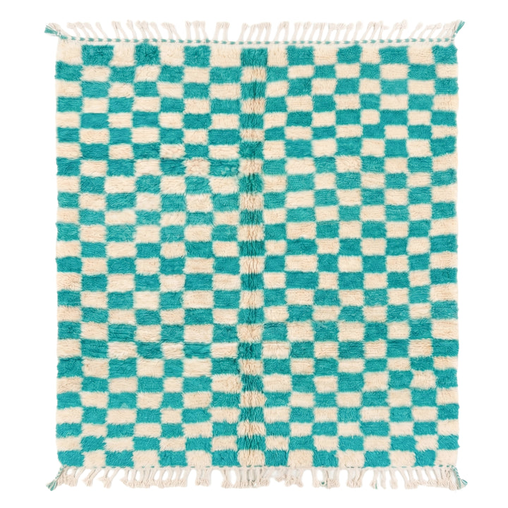 Authentic Custom Beni Ourain Rug | Turquoise &amp; Ivory Checkerboard Pattern