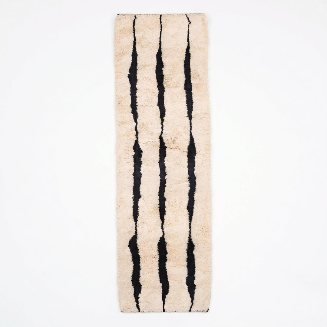 Authentic Beni Mrirt Moroccan Runner Rug | Minimalist Black &amp; White Stripes