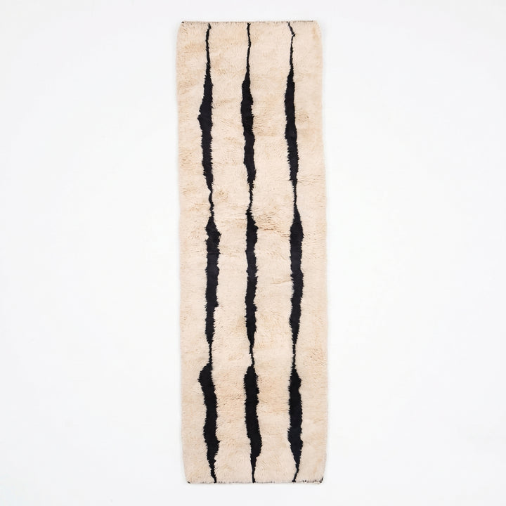 Authentic Beni Mrirt Moroccan Runner Rug | Minimalist Black &amp; White Stripes