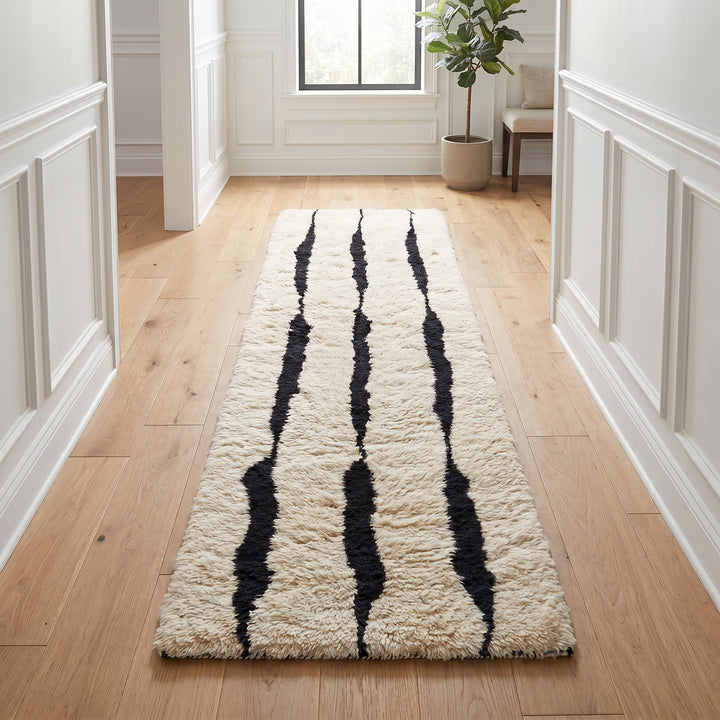 Authentic Beni Mrirt Moroccan Runner Rug | Minimalist Black &amp; White Stripes