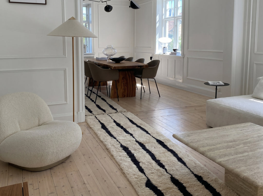 Authentic Beni Mrirt Moroccan Runner Rug | Minimalist Black &amp; White Stripes