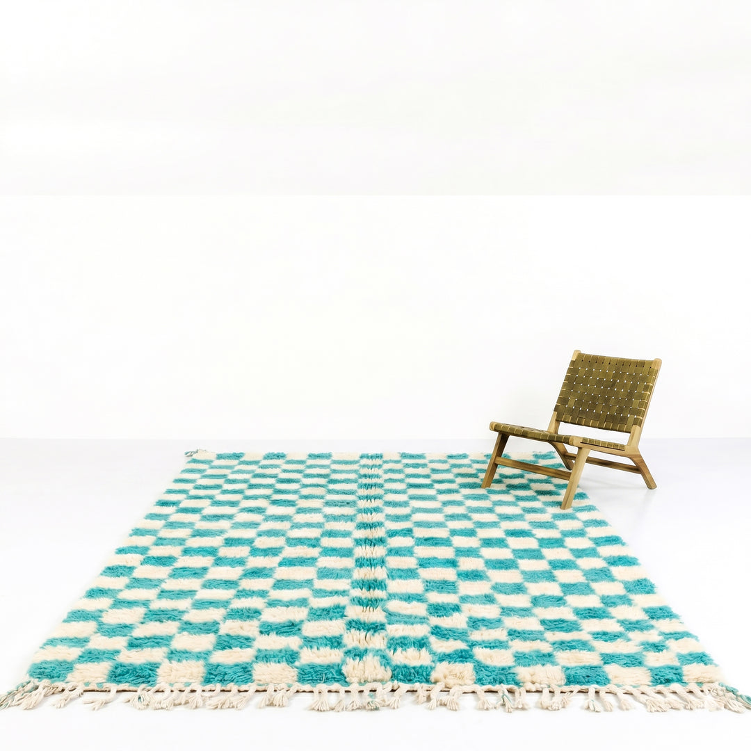 Custom Beni Ourain Rug | Turquoise &amp; Ivory Checkerboard Pattern