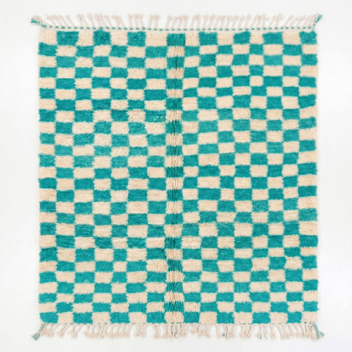 Custom Beni Ourain Rug | Turquoise &amp; Ivory Checkerboard Pattern