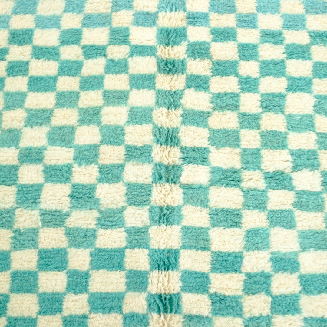 Beni Ourain Moroccan Runner Rug – Turquoise &amp; Ivory Checkerboard Pattern