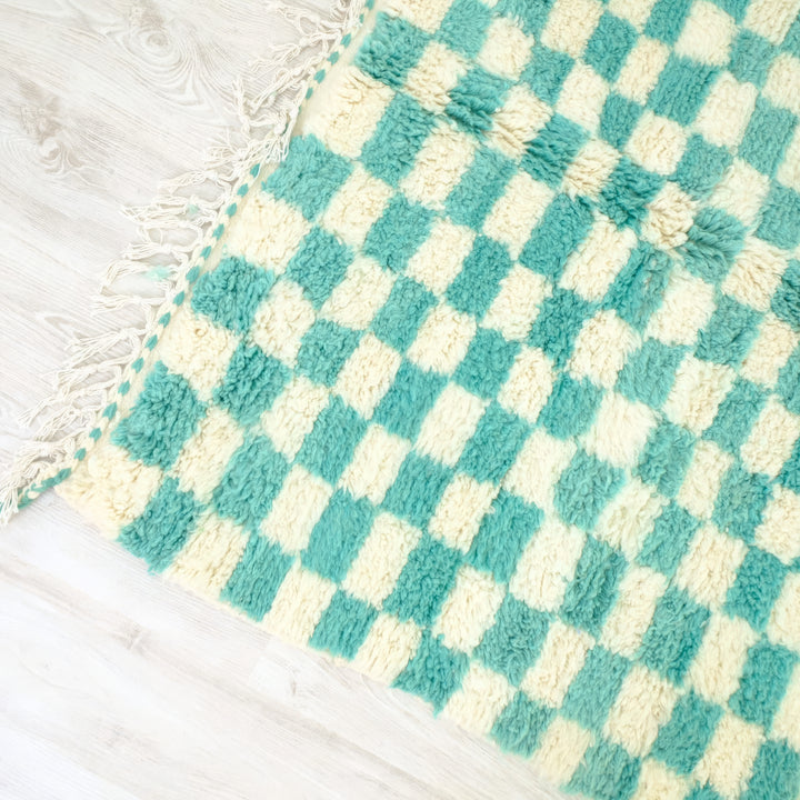 Custom Beni Ourain Rug | Turquoise &amp; Ivory Checkerboard Pattern