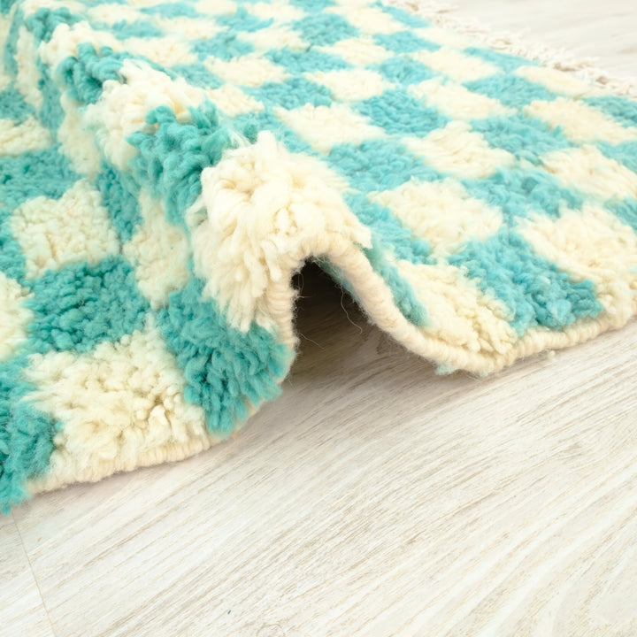 Custom Beni Ourain Rug | Turquoise &amp; Ivory Checkerboard Pattern