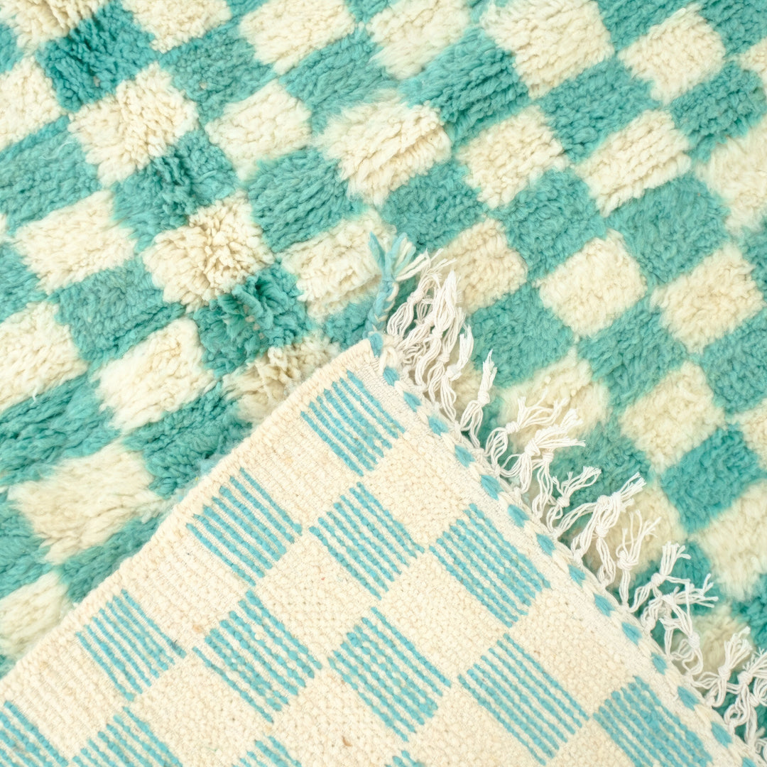 Custom Beni Ourain Rug | Turquoise &amp; Ivory Checkerboard Pattern