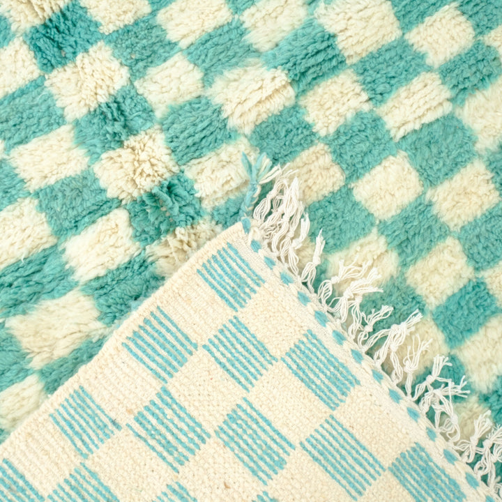 Custom Beni Ourain Rug | Turquoise &amp; Ivory Checkerboard Pattern