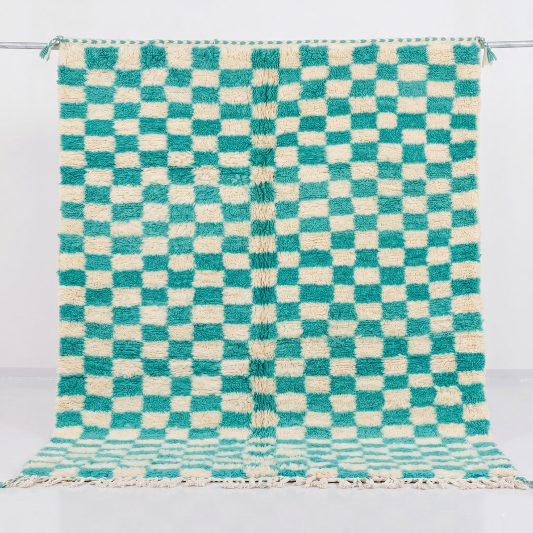 Authentic Custom Beni Ourain Rug | Turquoise &amp; Ivory Checkerboard Pattern