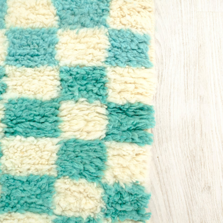 Authentic Custom Beni Ourain Rug | Turquoise &amp; Ivory Checkerboard Pattern