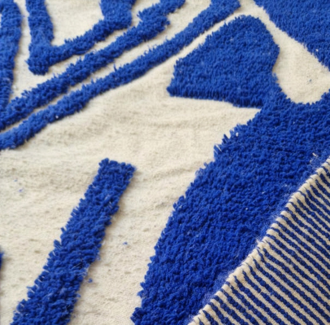 Authentic Custom Beni Ourain Rug - Bold Abstract Cobalt Blue &amp; Cream