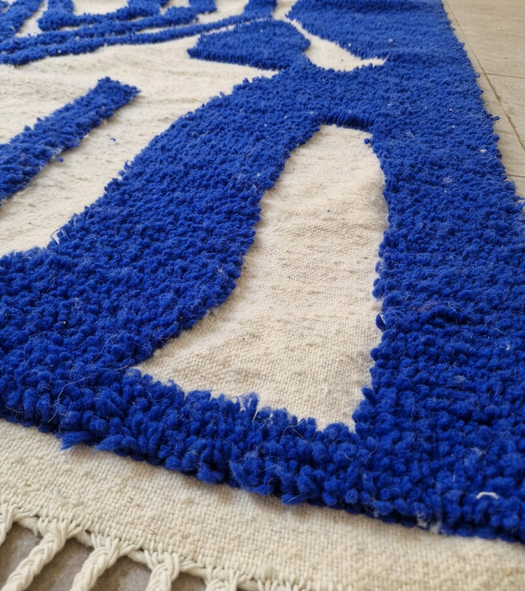 Authentic Custom Beni Ourain Rug - Bold Abstract Cobalt Blue &amp; Cream