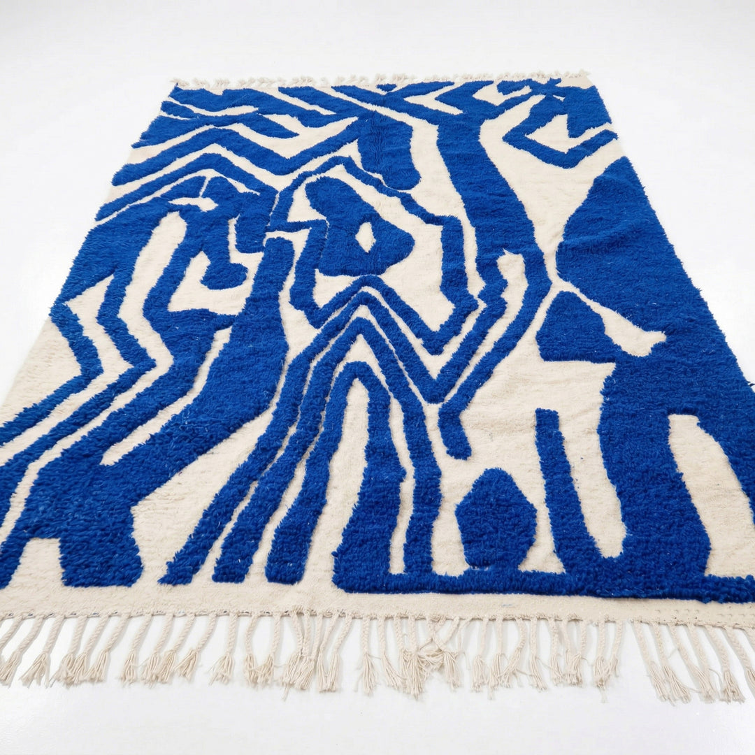 Authentic Custom Beni Ourain Rug - Bold Abstract Cobalt Blue &amp; Cream