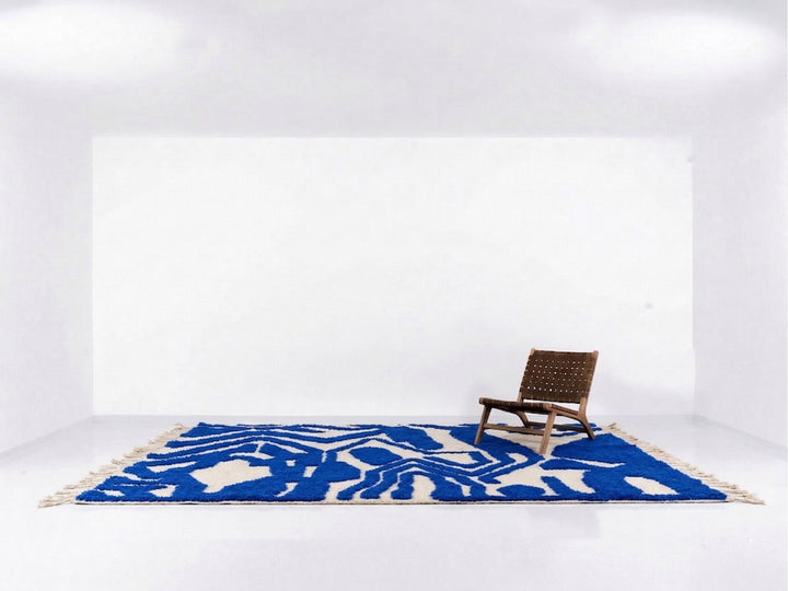 Authentic Custom Beni Ourain Rug - Bold Abstract Cobalt Blue &amp; Cream