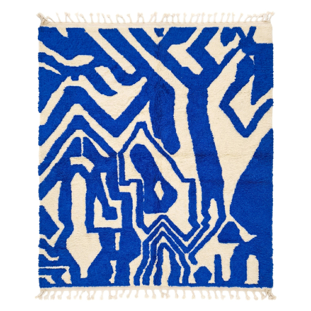 Authentic Custom Beni Ourain Rug - Bold Abstract Cobalt Blue &amp; Cream