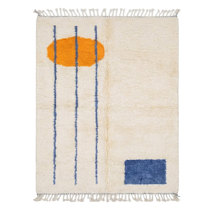 Custom Beni Ourain Rug | Abstract Orange Sun &amp; Blue Geometric