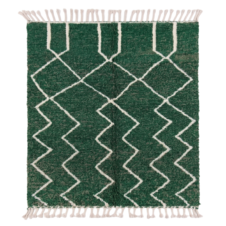 Authentic Custom Beni Ourain Rug | Green &amp; Cream Zigzag