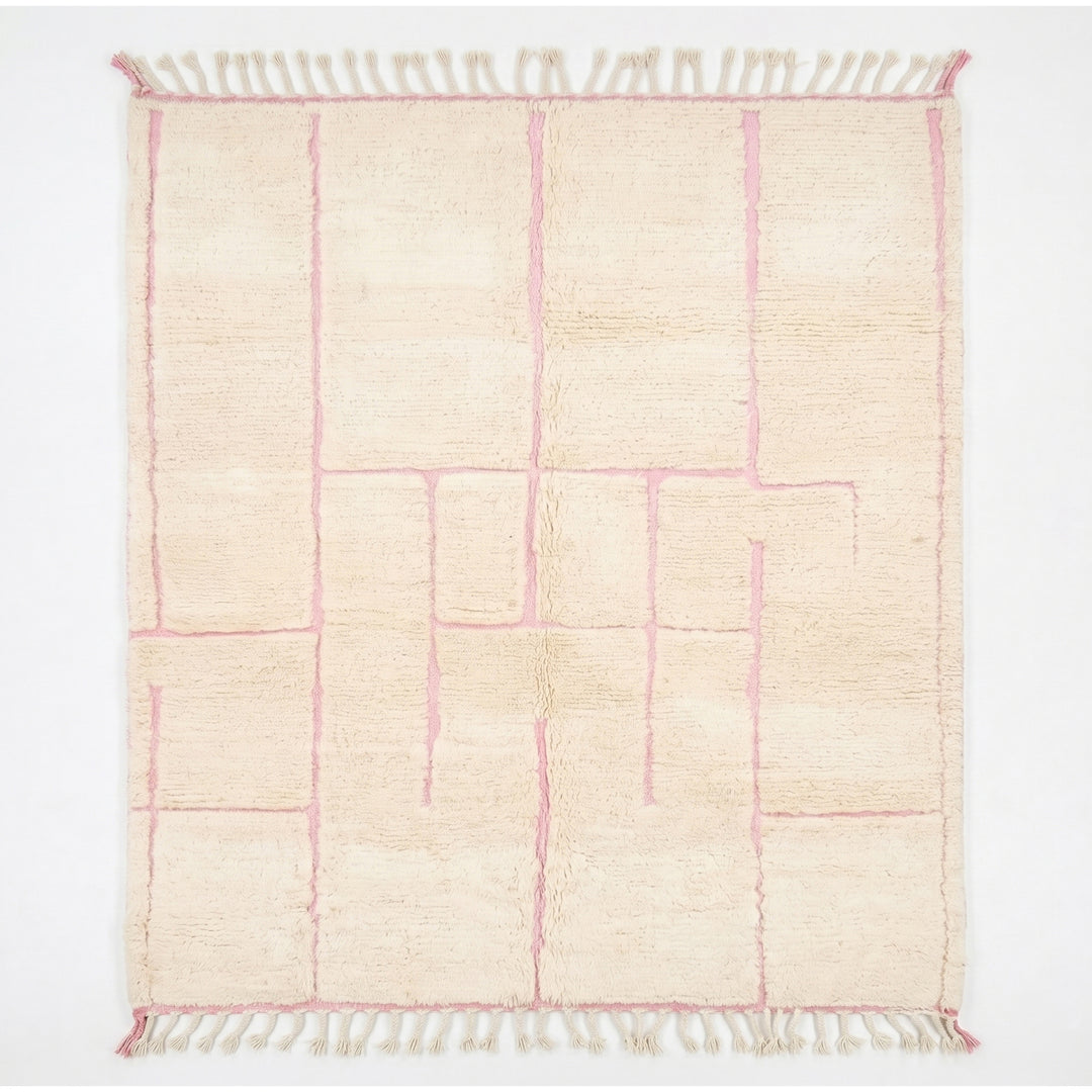 Tapis Beni Ourain personnalisé | Crème et Rose Labyrinthe Géométrique Moderne