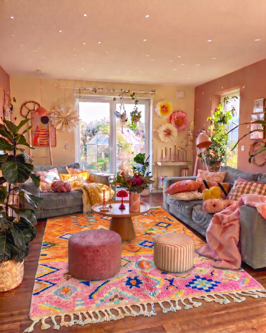 Authentic Custom Beni Ourain Rug| Tropical Bloom Vibrant Orange &amp; Pink