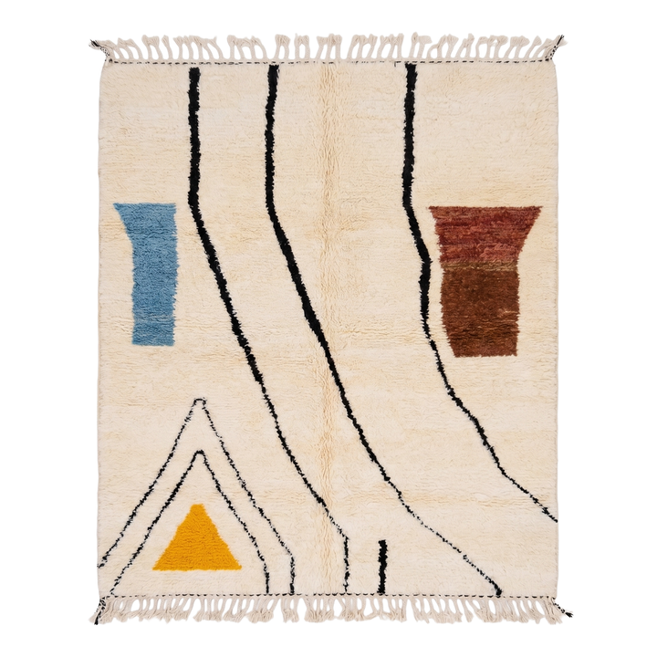 Tapis Beni Ouarain sur mesure | Art linéaire abstrait avec des accents moutarde, sarcelle et rouille