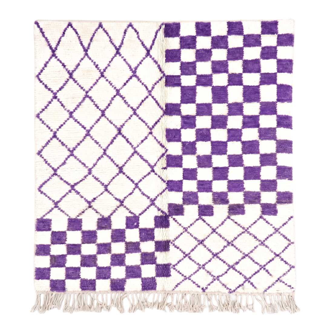 Authentic Custom Beni Ourain Rug | Purple Checkerboard &amp; Diamond Trellis