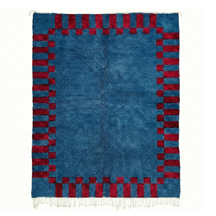 Custom Beni Mrirt Rug | Ocean Blue &amp; Red Checkered Border