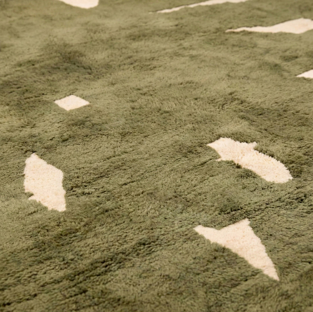 Custom Olive Green Beni Mrirt Rug | Abstract Cream Organic Wool Rug