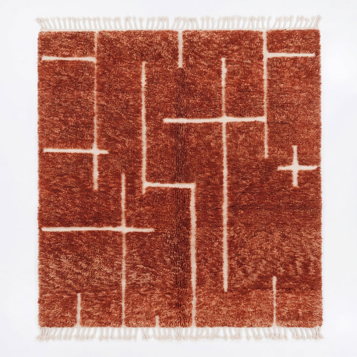 Tapis Aker Beni Mrirt sur mesure | Géométrique terracotta et blanc noué à la main