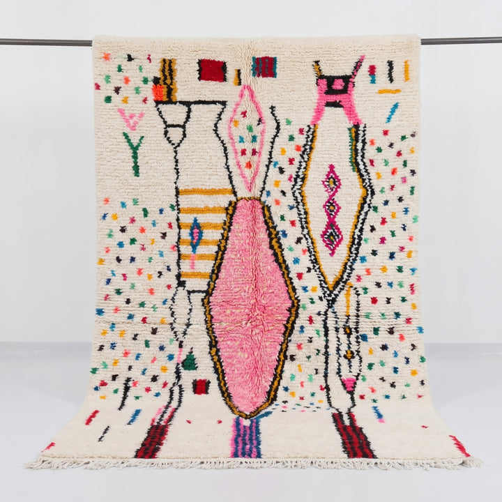 Custom Authentic Azilal Rug – Abstract Tribal Confetti &amp; Pink Lozenge Centerpiece