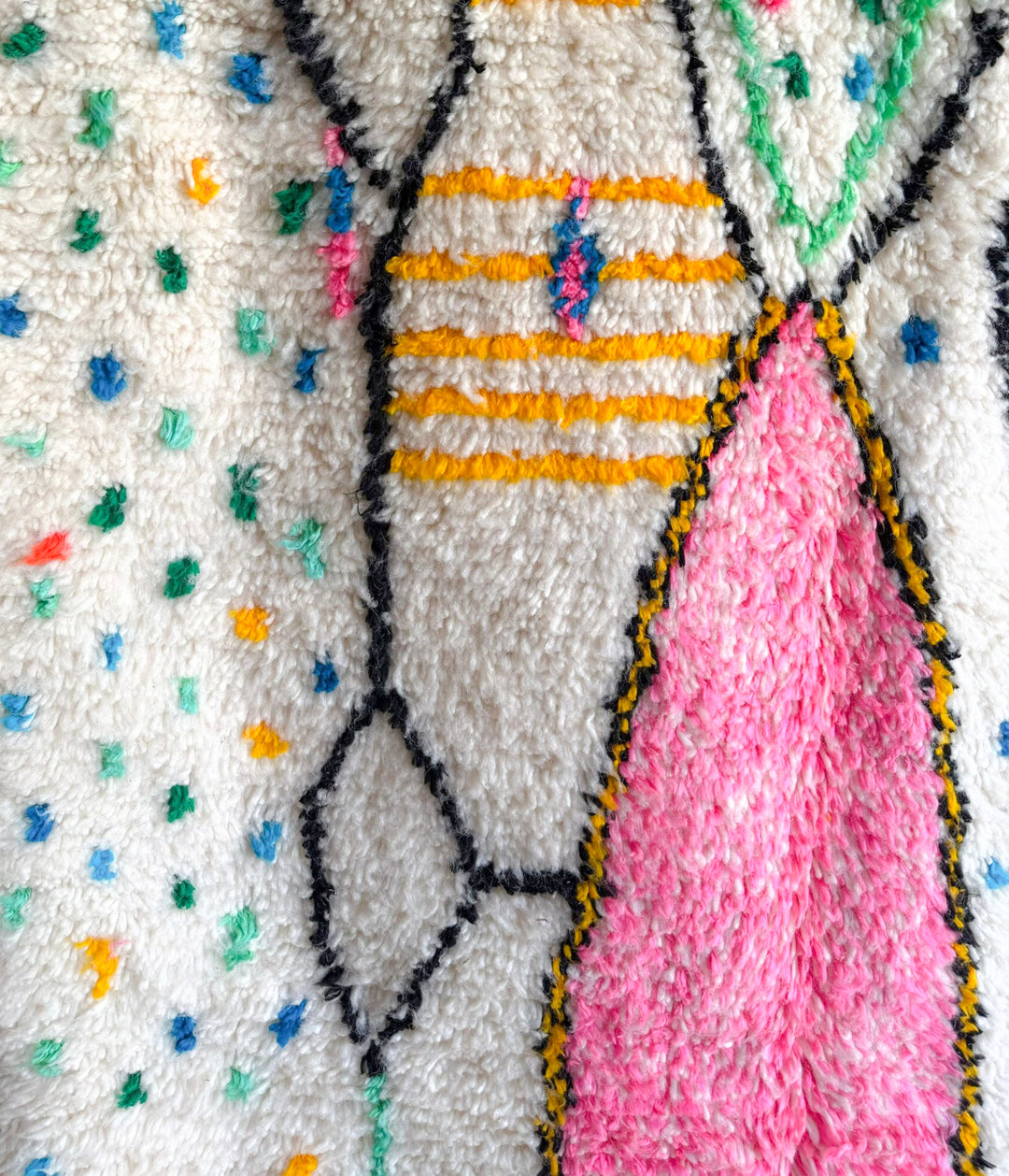 Custom Authentic Azilal Rug – Abstract Tribal Confetti &amp; Pink Lozenge Centerpiece
