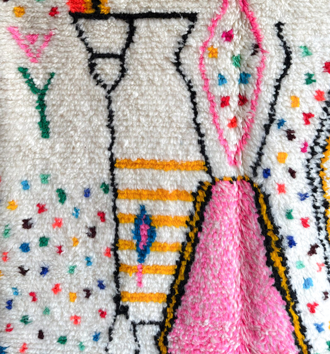 Custom Authentic Azilal Rug – Abstract Tribal Confetti &amp; Pink Lozenge Centerpiece