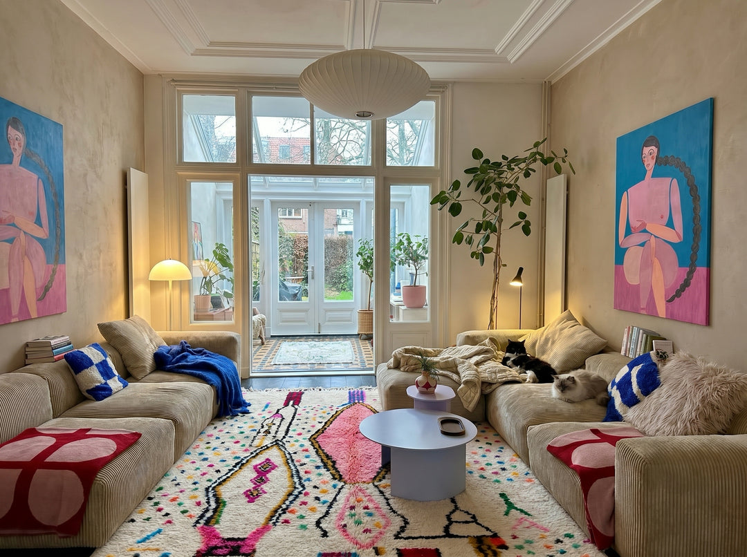 Custom Authentic Azilal Rug – Abstract Tribal Confetti &amp; Pink Lozenge Centerpiece