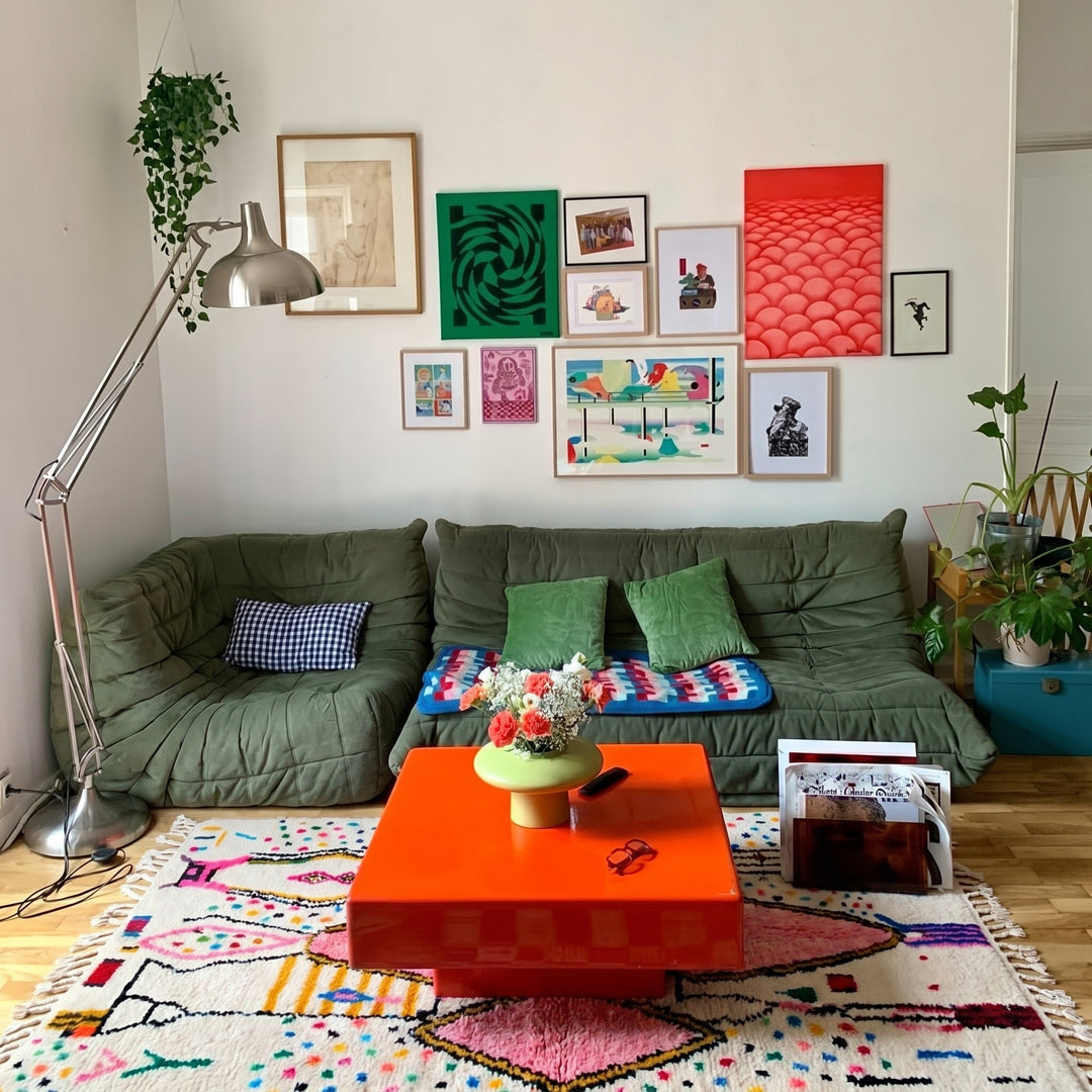 Custom Authentic Azilal Rug – Abstract Tribal Confetti &amp; Pink Lozenge Centerpiece