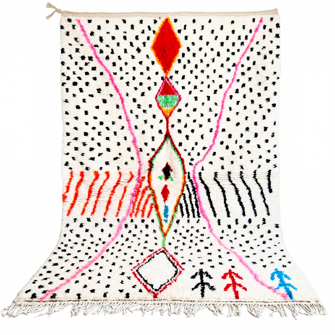 Tapis Azilal Authentique et Personnalisé – Toile Pointillée Ludique et Centre Diamant Vibrant