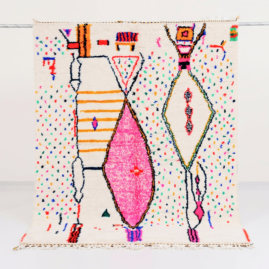 Custom Authentic Azilal Rug - Abstract Geometric &amp; Pink Diamond Confetti Motif