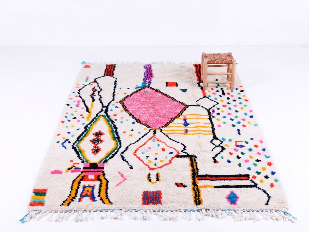 Tapis Azilal Authentique Sur Mesure - Art Linéaire Abstrait &amp; Motif Losange Rose