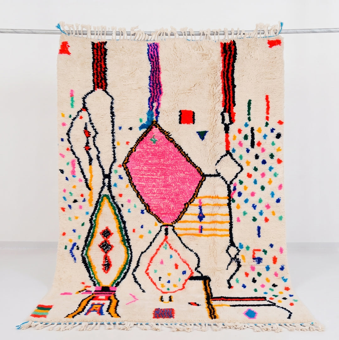 Tapis Azilal Authentique Sur Mesure - Art Linéaire Abstrait &amp; Motif Losange Rose