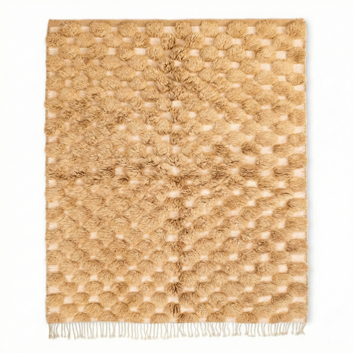 Custom Beni Mrirt Rug – 3D Textured Geometric in Camel &amp; Cream