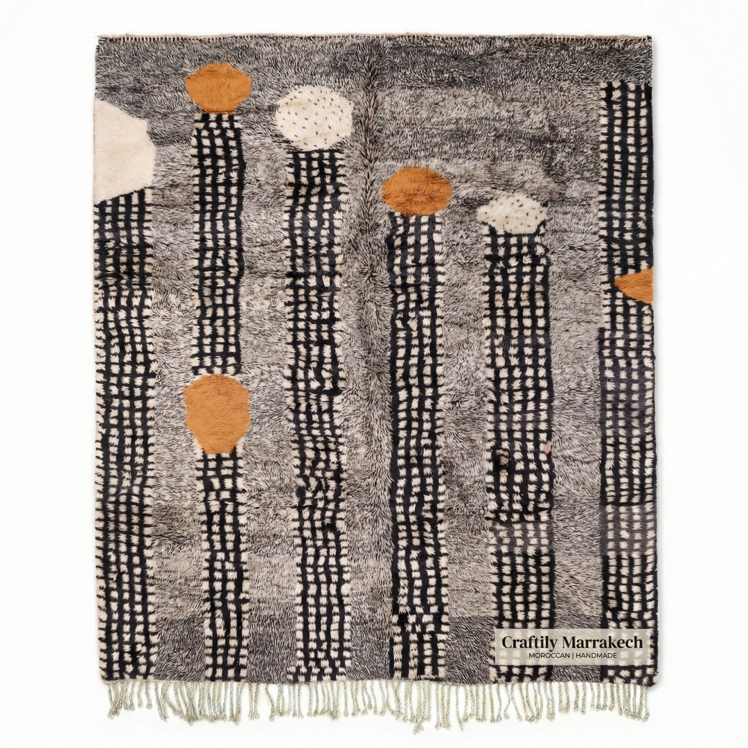 Custom Beni Mrirt Rug – Abstract Grey Geometric with Rust Accents