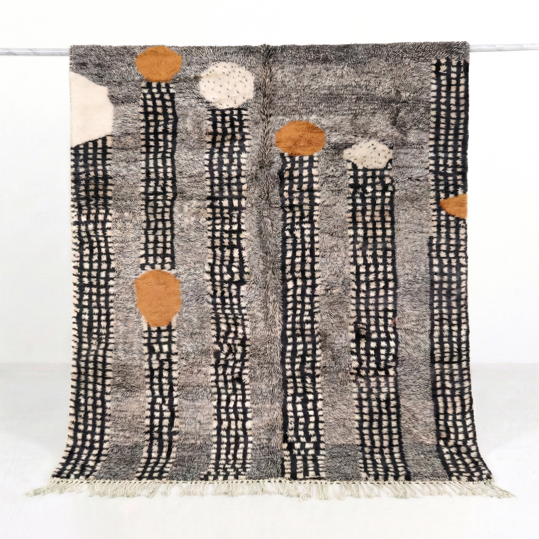 Custom Beni Mrirt Rug – Abstract Grey Geometric with Rust Accents