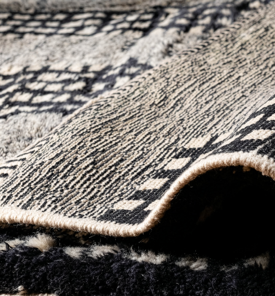 Custom Beni Mrirt Rug – Abstract Grey Geometric with Rust Accents