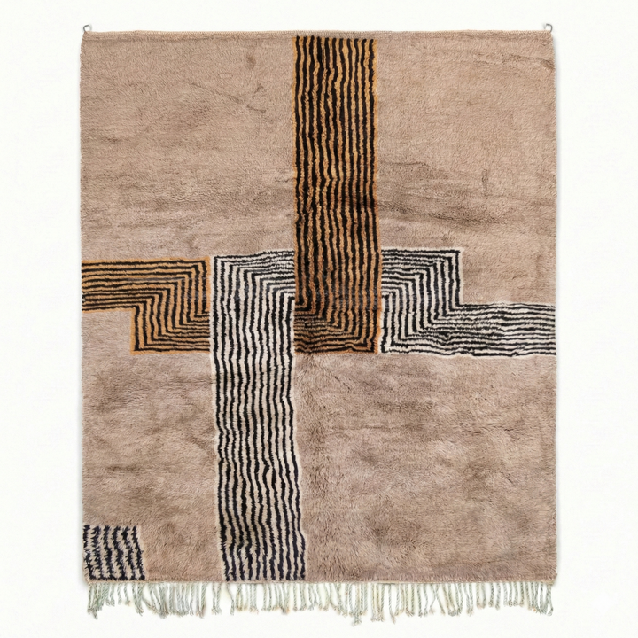 Custom Beni Mrirt Rug – Abstract Line Art Geometric in Taupe &amp; Ochre