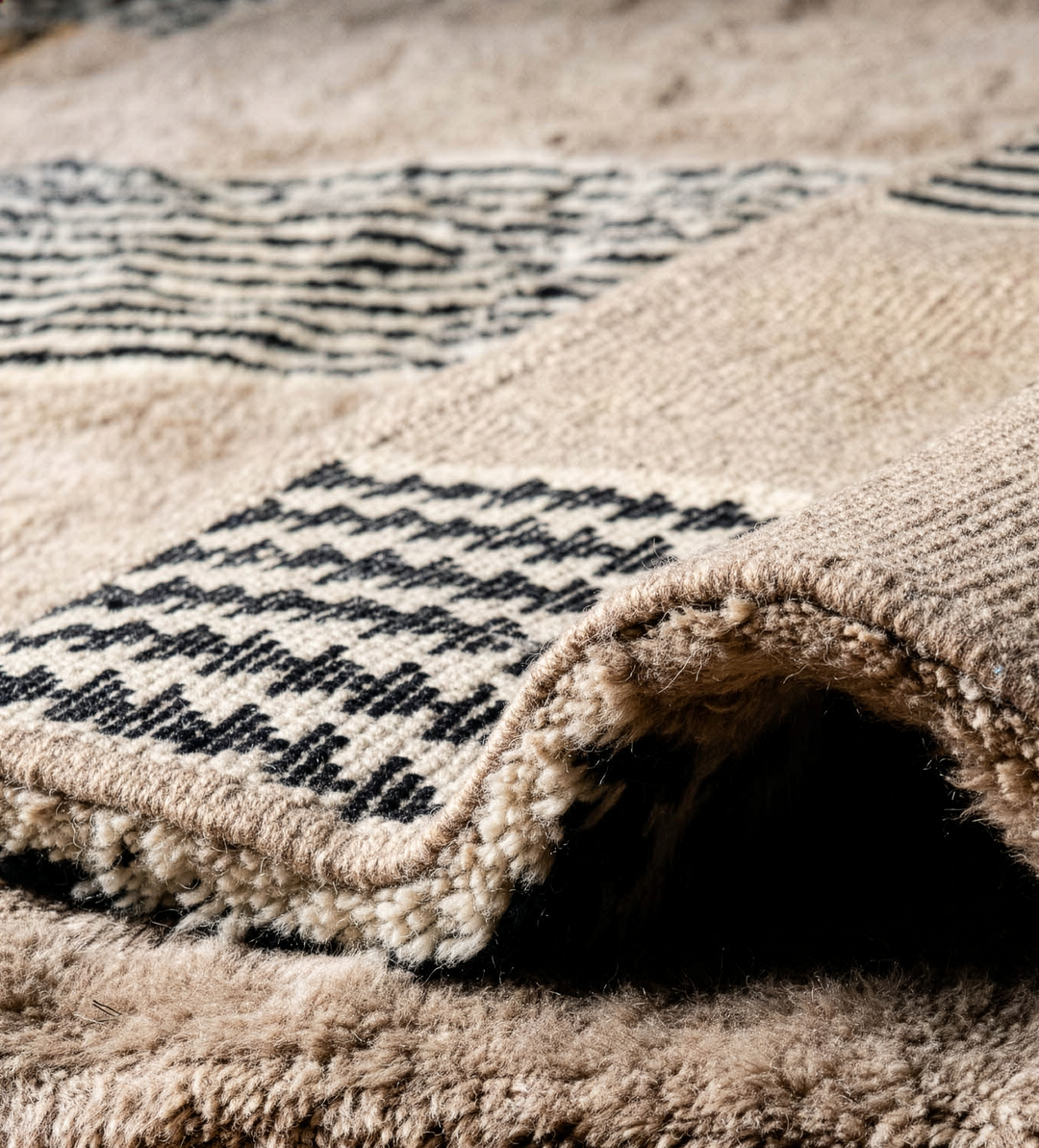 Custom Beni Mrirt Rug – Abstract Line Art Geometric in Taupe &amp; Ochre