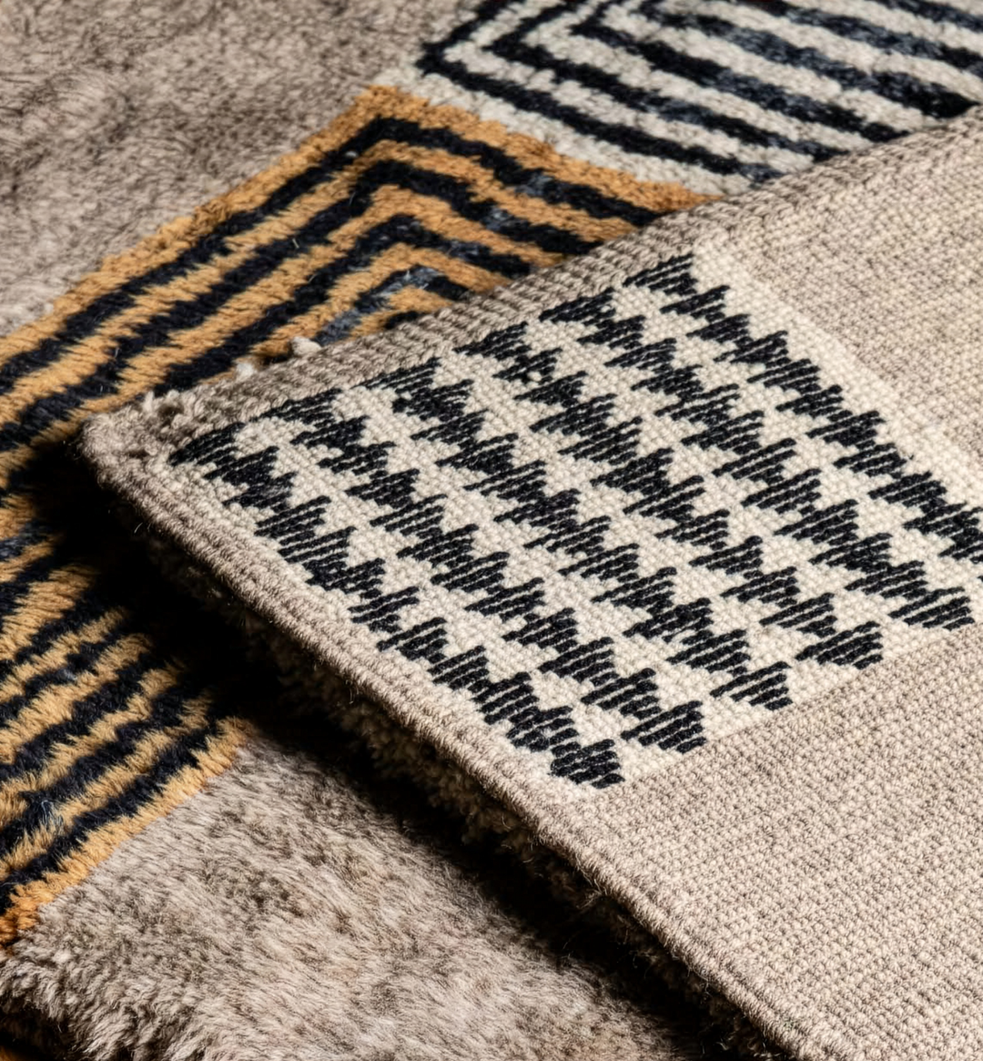 Custom Beni Mrirt Rug – Abstract Line Art Geometric in Taupe &amp; Ochre