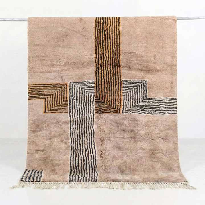 Custom Beni Mrirt Rug – Abstract Line Art Geometric in Taupe &amp; Ochre